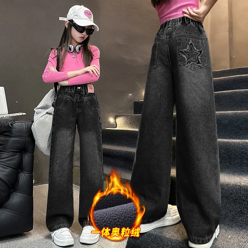 

Детские термоштаны, зимние джинсы на флисовой подкладке с вышивкой звезд для девочек, модные прямые теплые толстые широкие джинсовые брюки