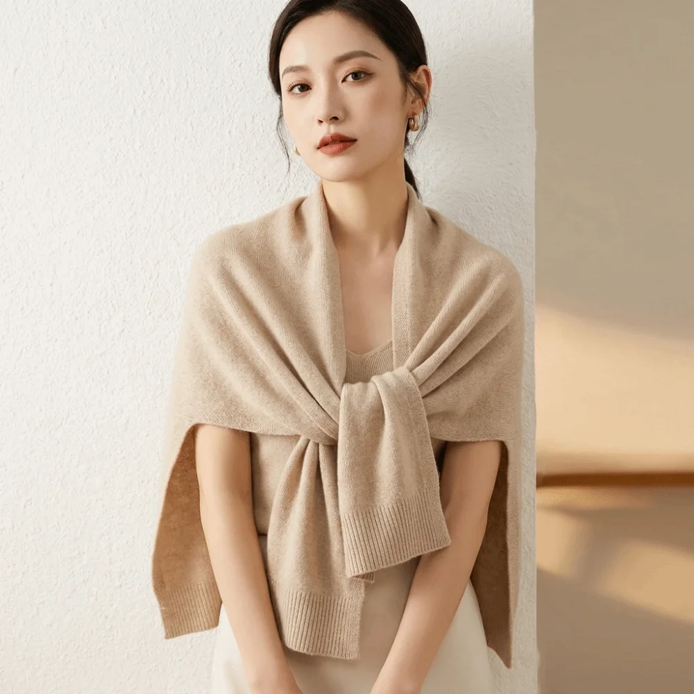 Basic Style Warm Soft Knit Shawl Polyester Lightweight Neck Scarf High-Quality Solid Color Outer Cape Air-Conditioned Rooms