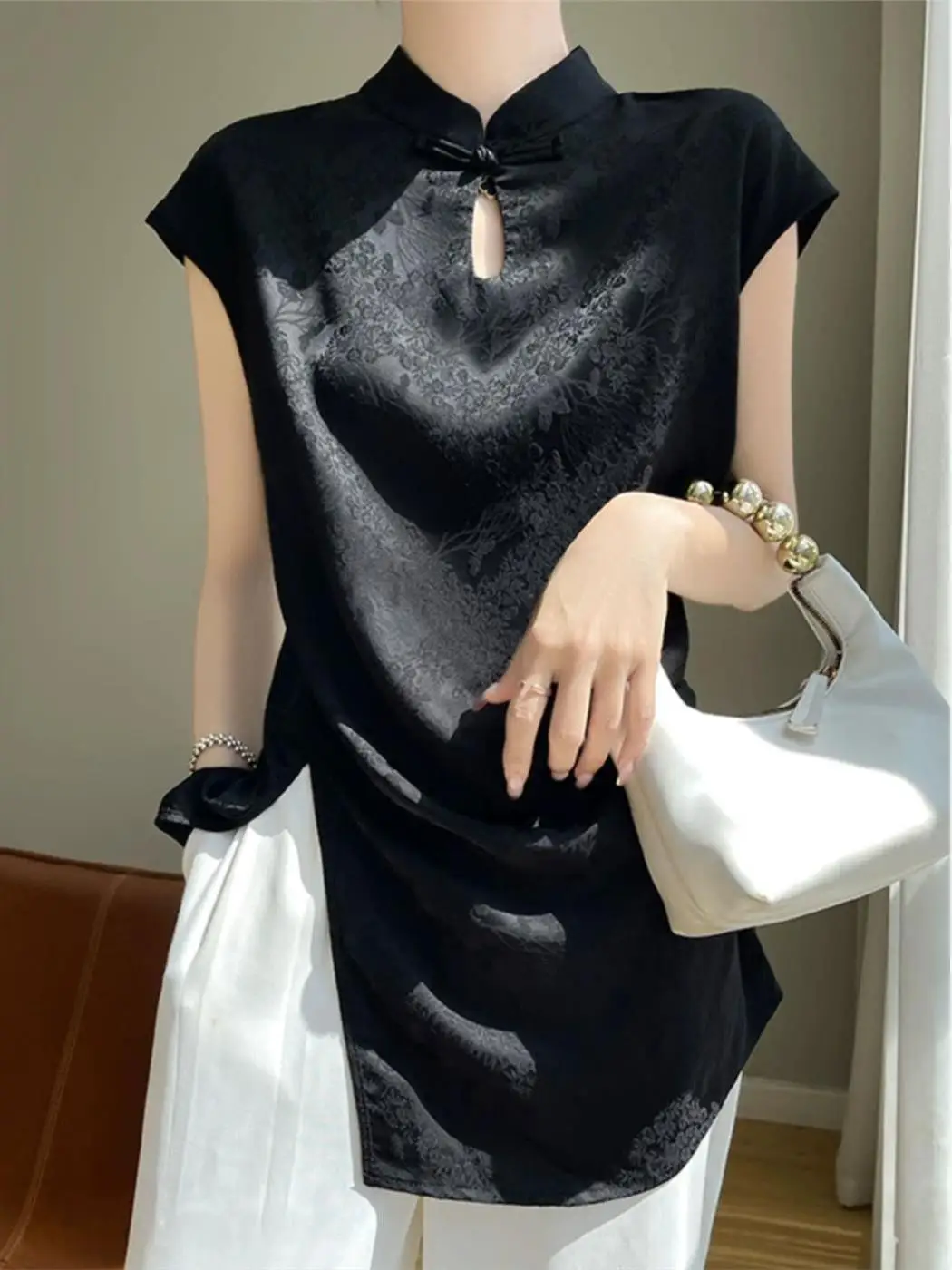 

Футболка с воротником тай-дай ort Sve, китайская футболка с асимметричным разрезом и пуговицами, женский летний топ Faion