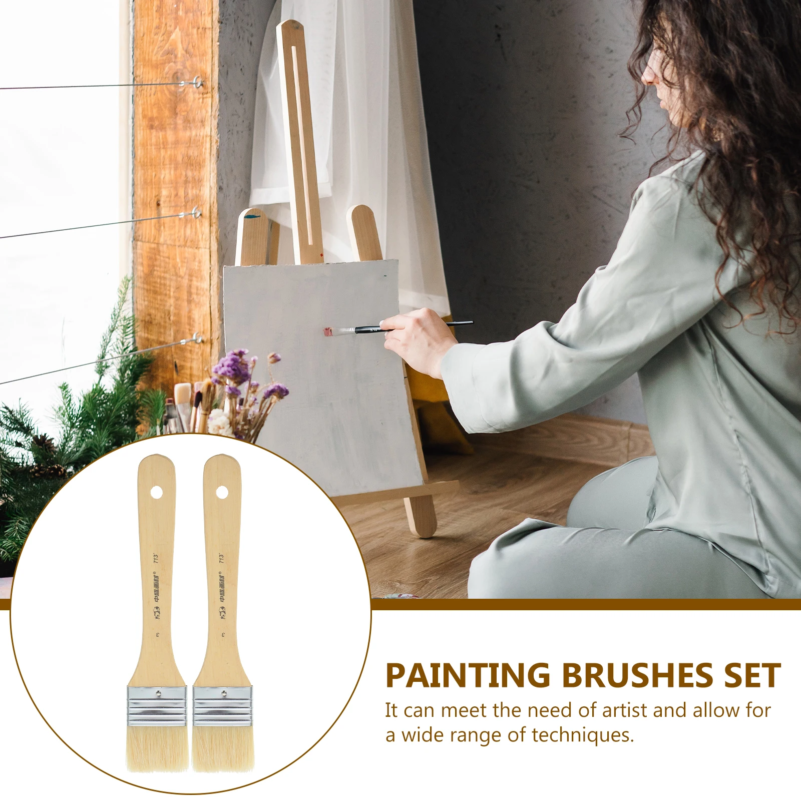

2 pcs Oil Painting Brush Board Bristles Bamboo Watercolor Brushes Artists Wooden Handle Large Size Boar Paint Set Student Art