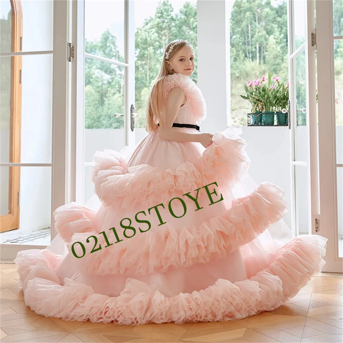 

Pink Flower Girl Dress For Wedding Tulle Puffy Sleeveles With Belt Floor Length Child First Eucharistic Birthday Party Dress