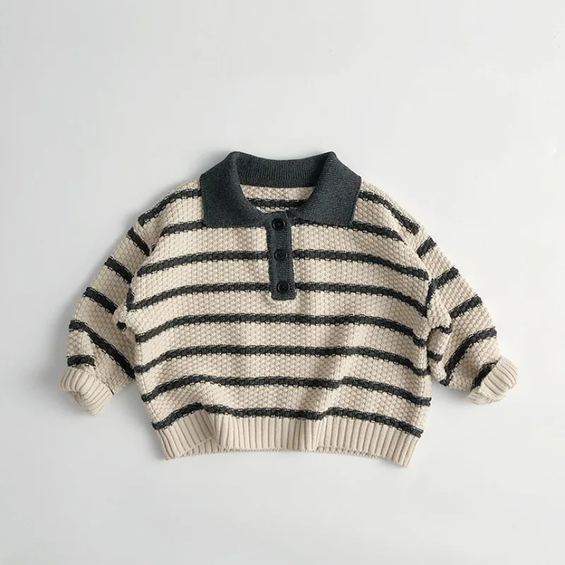 Trendy Childrens Striped Sweater 2025 Spring and Autumn Boys Girls Turn-down Collar Long Sleeve Knit Tops Kids Casual Clothes