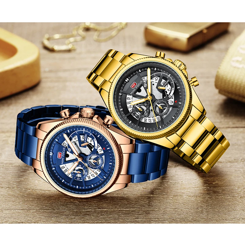 Mini Focus MF0490G Orologio da uomo semplice di lusso Cronografo con cinturino in acciaio inossidabile Lancette luminose Orologi al quarzo impermeabili