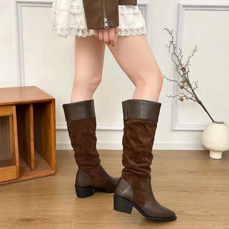 Stitching Pointed-toe Knee-length Boots, Slim-fitting, Casual, and Versatile High Heels