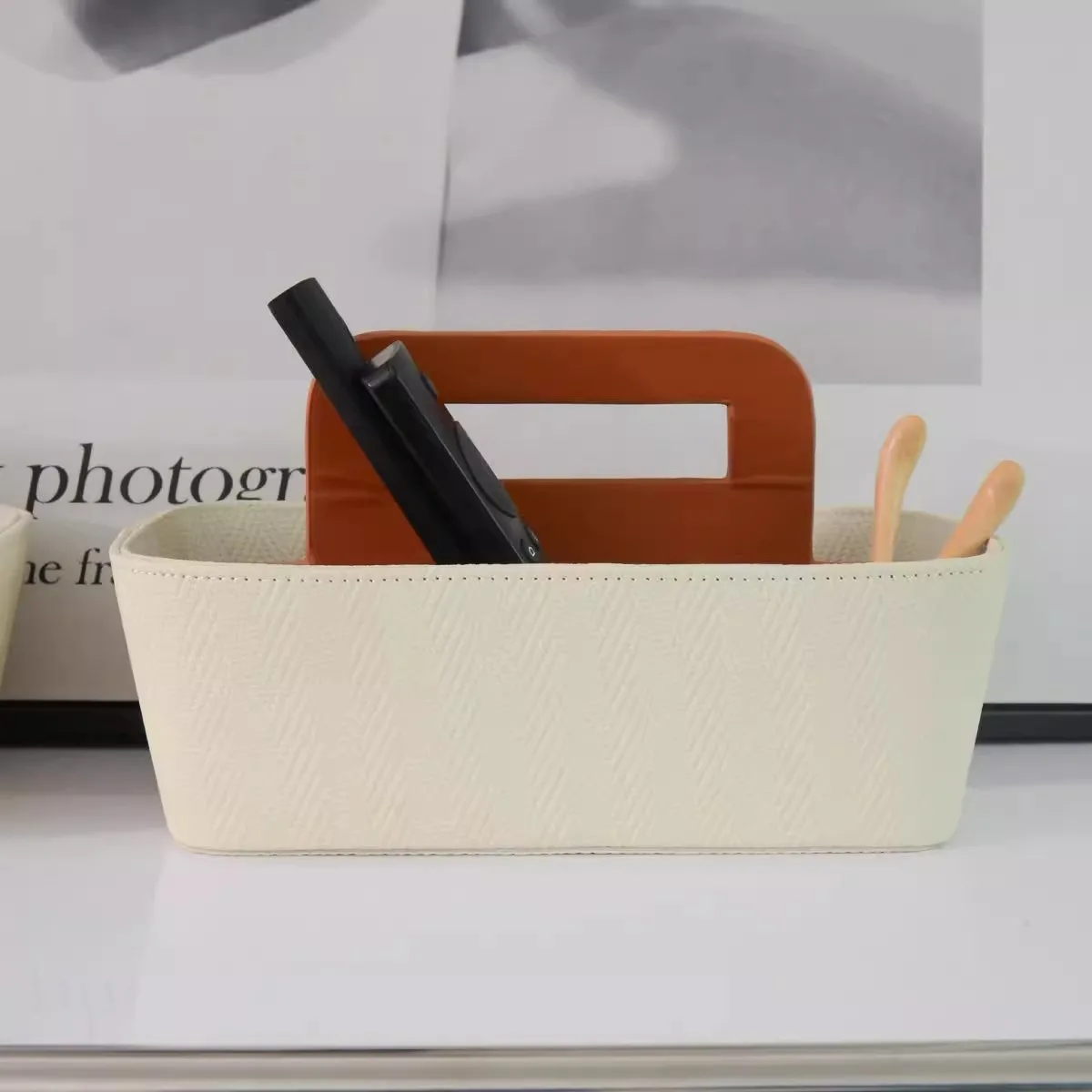 Handheld Remote Control Storage Box, Living Room Coffee Table, Desktop Organizer Box, Leather Storage Basket