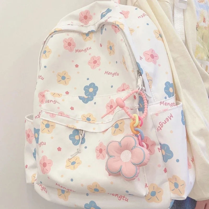 Korean Cartoon Print Floral Pendant Backpack Women Harajuku Y2k Student Preppy Schoolbags Japanese All Match Kawaii Backpacks