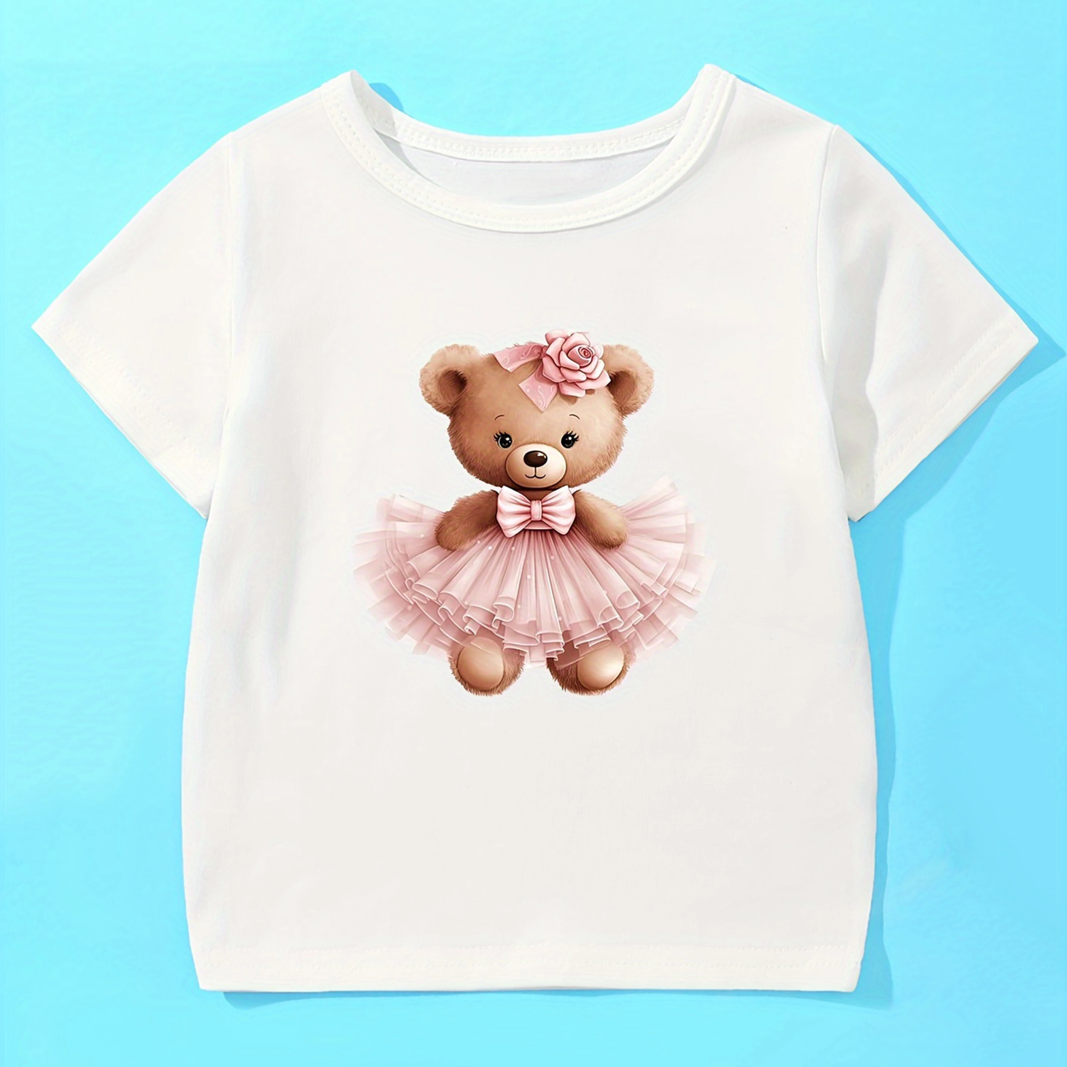 Spring And Summer Baby Girls Casual Cute Teddy Bear Cartoon T-shirt Short Sleeved 2-4 Years Old