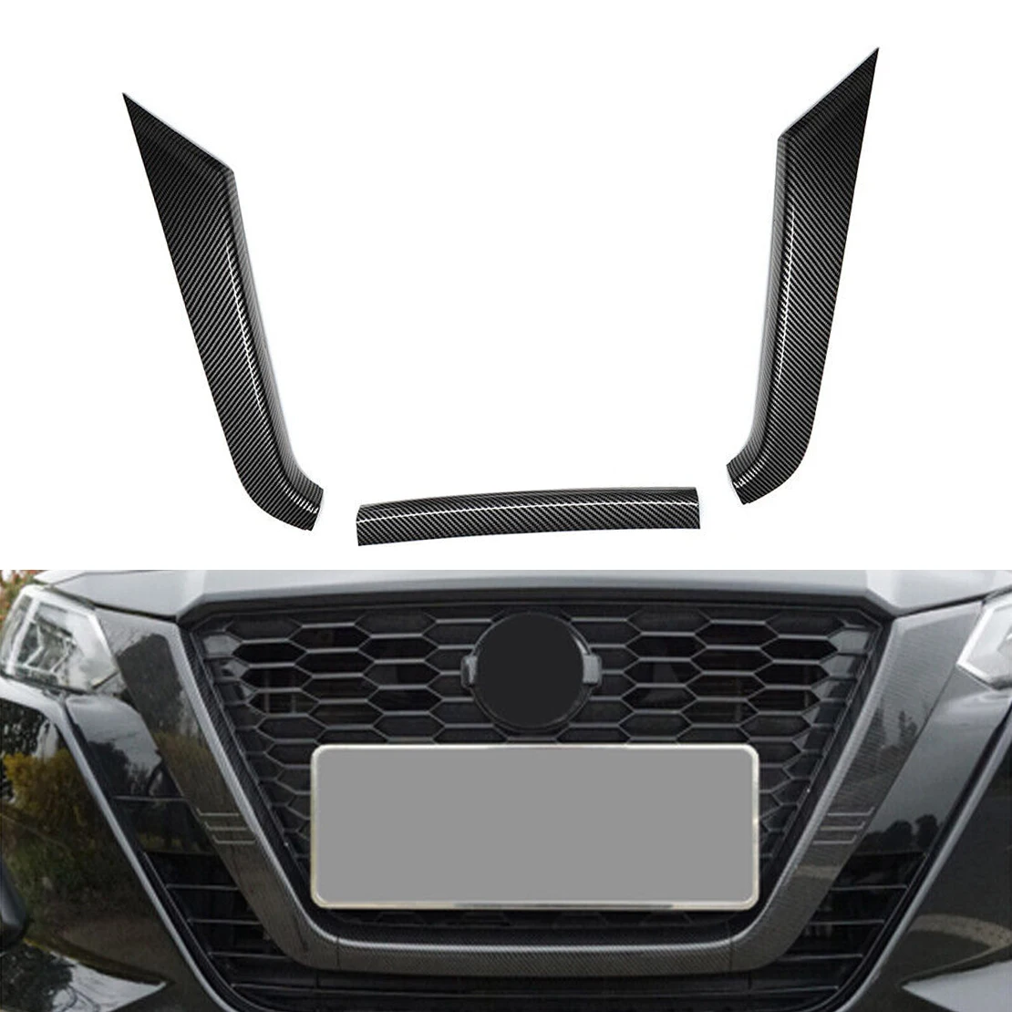 3Pcs Front Grille Frame Cover Trim ABS Carbon Fiber Style Black Fit for Nissan Altima 2019 2020 2021 2022