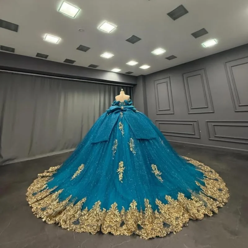 لامعة بحيرة الأزرق Quinceanera فستان خارج الكتف الذهبي زهرة صائق ذيل طويل مقوس دانتيل Vestidos De 15 Quinceanera تخصيص #2