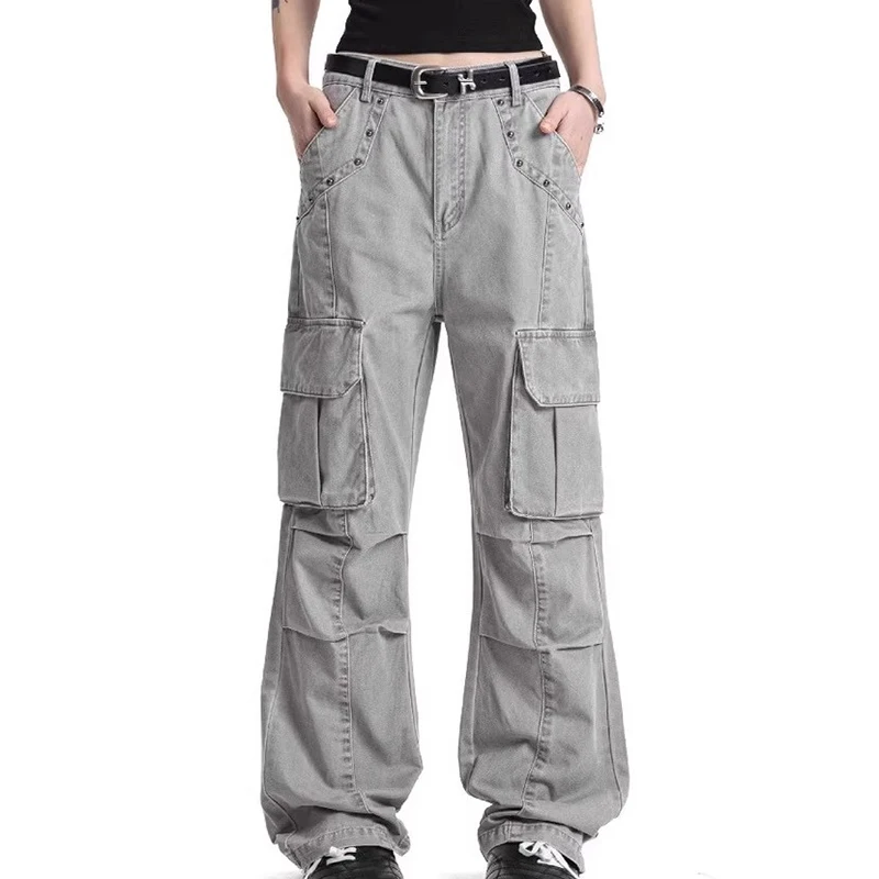 

2026 New Men's Washed Grey Multi Pocket Patchwork Retro American Style Micro Flared Casual long Pants