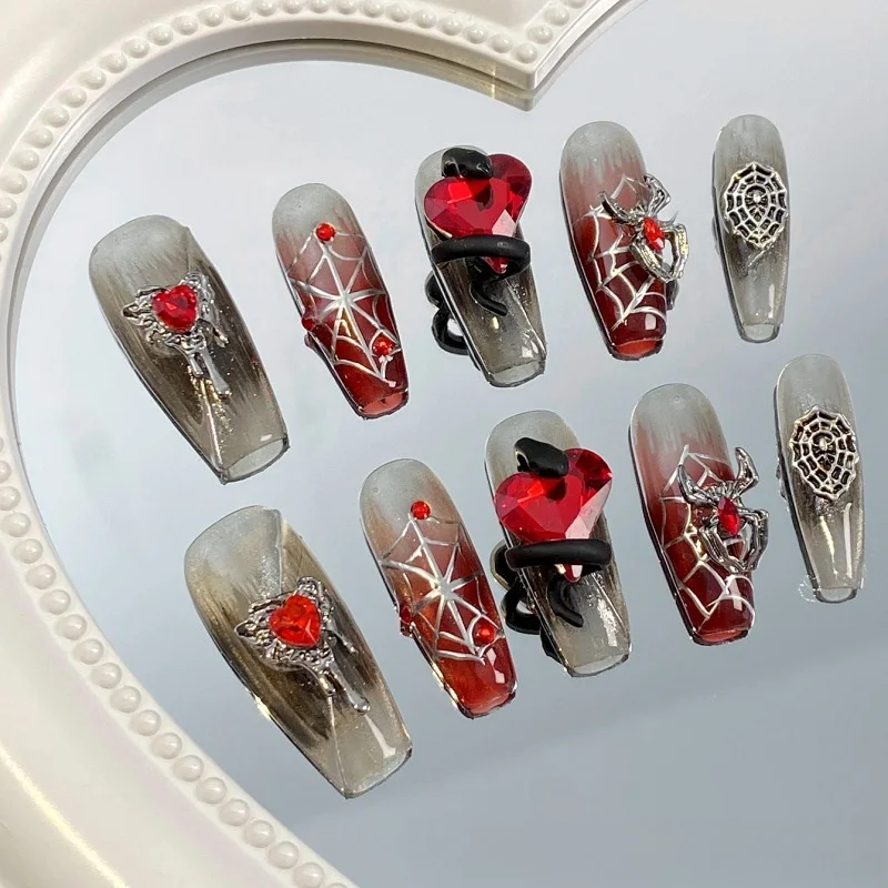 

10PCS handmade coffin shaped nail art, beautiful fake nails, dark heart nail art, suitable for women to use