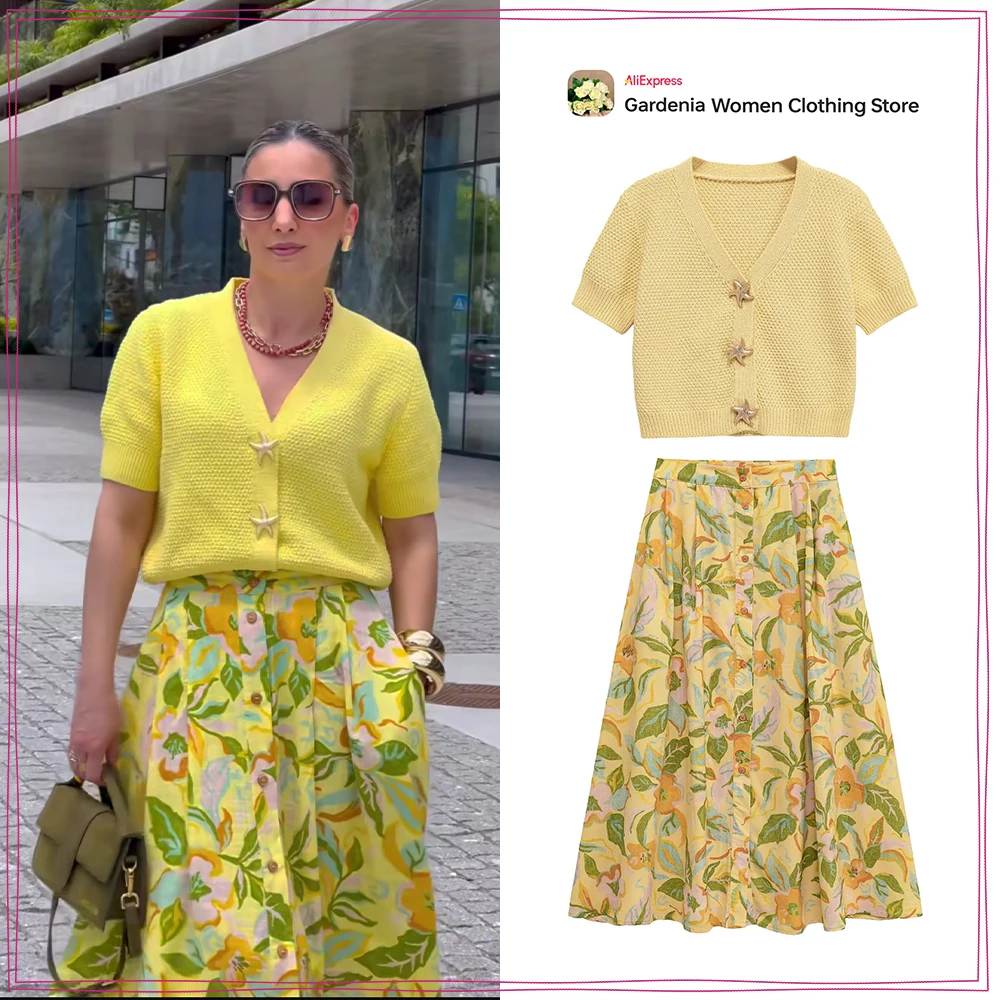 

Women Summer New Matching Set Yellow Dress Sets V-neck Star Button Knit Cardigan with Short Sleeves and Printed Linen Midi Skirt