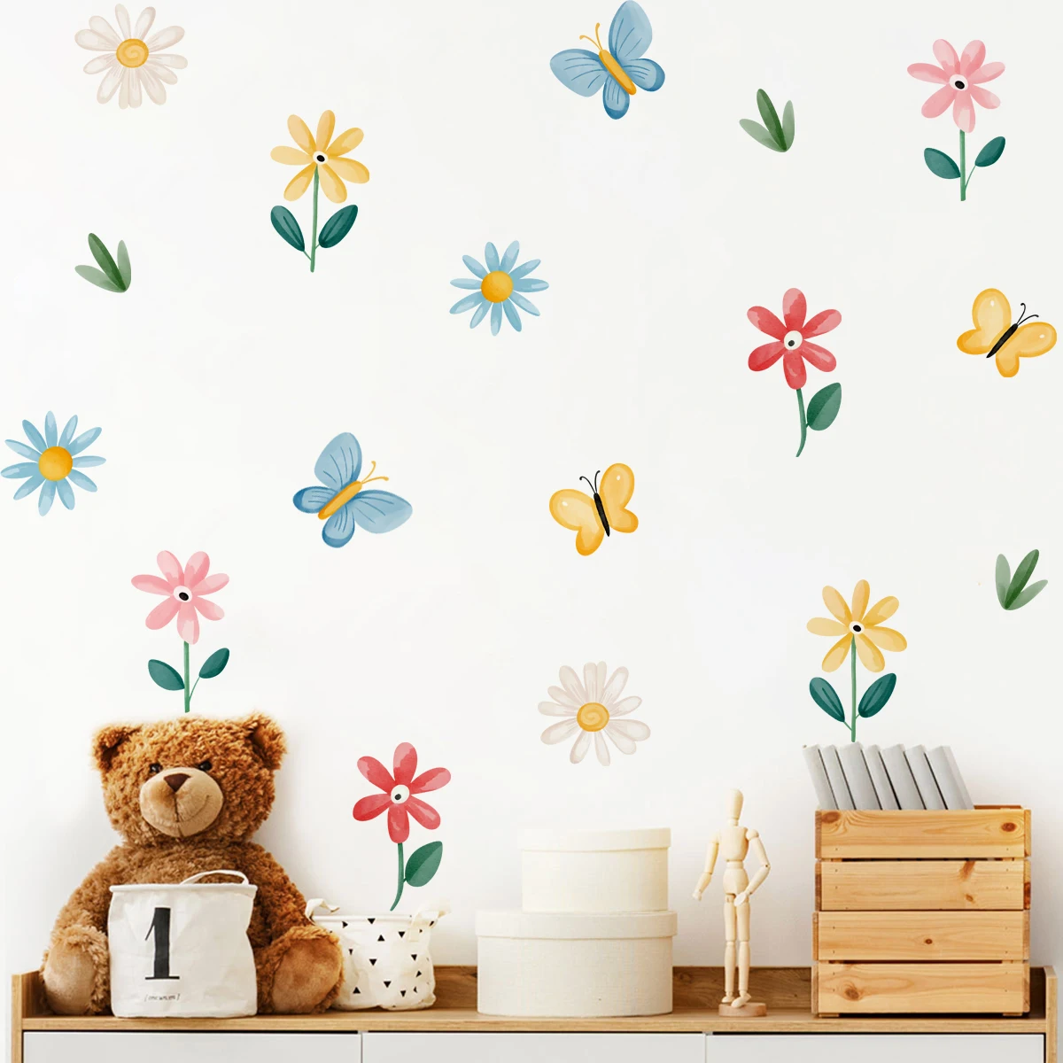 

Cartoon Butterfly Flower Green Leaves Wall Sticker Nursery Child Room Wall Art Cabinet Decal Kids Room Vinyl Living Home Decor