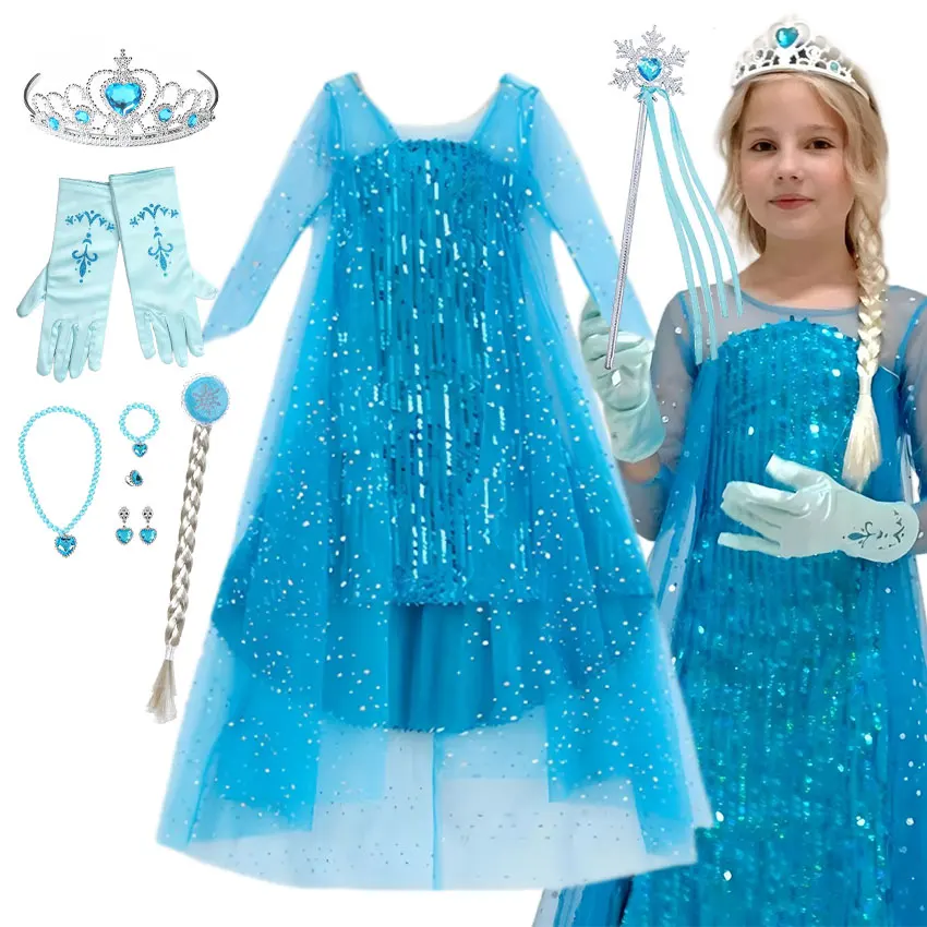 

Girl Stunning Princess Maxi Dress All Body Sequin Covered Blue Train Sparkly Tulle Costume Snow Queen Party Elsa Cosplay Outfit