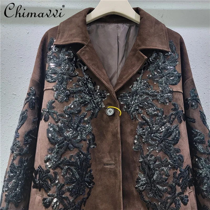 Brown Top Women\'s 2024 Autumn and Winter New Heavy Industry Sequined Embroidered Locomotive Suit Deerskin Velvet Jackets Coat