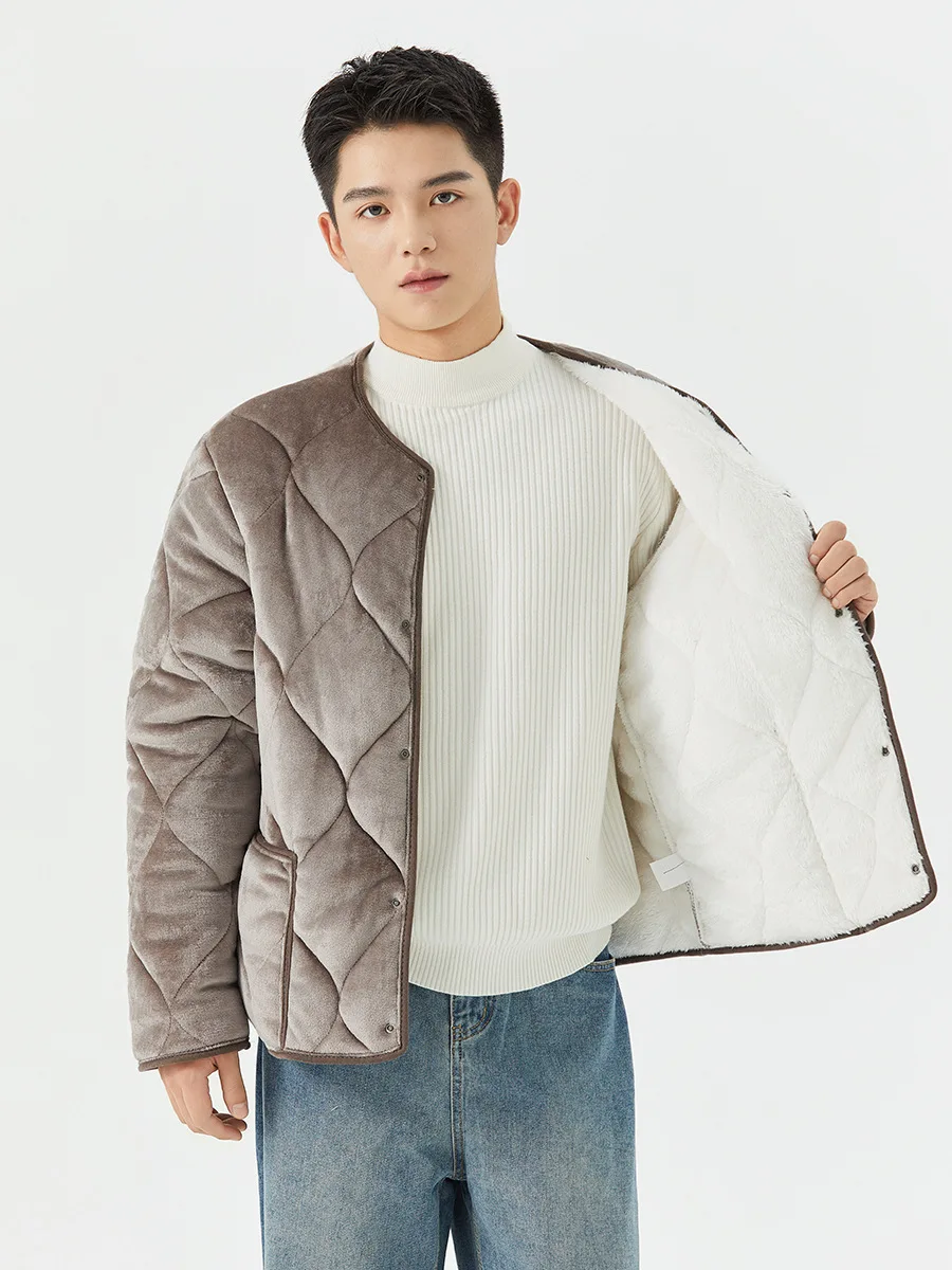 

Winter Men's Fleece-Lined Jacket Solid Color Simple Quilted Thick Velvet Coat American Casual Fashion Male Cotton Jackets