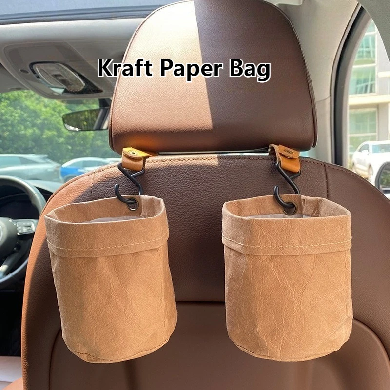 

Reusable Kraft Paper Bag - Thick Waterproof Hanging Organizer with PU Hook (Kitchen/Car Storage for Utensils/Cosmetics/Snacks)