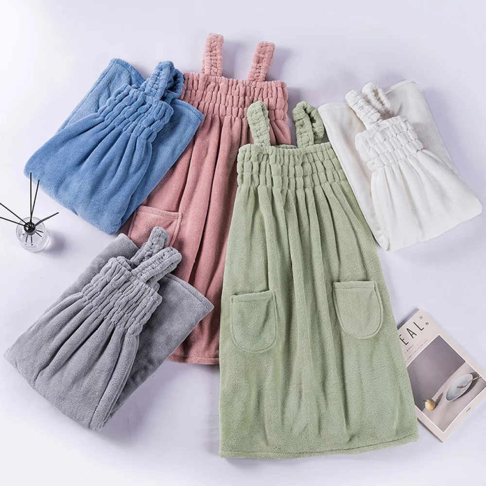 Soft Coral Fleece Wearable Bath Towel Dress With Pockets Super Absorbent Quick Dry Shower Wrap Robe For Women Home Spa