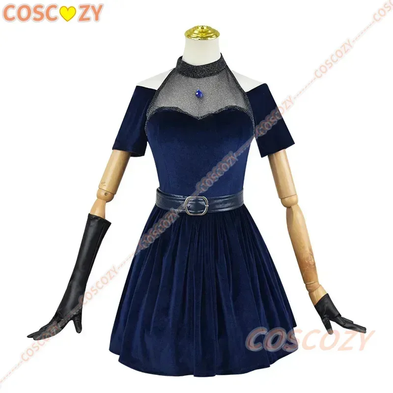Anime alienígena palco mizi cosplay traje peruca azul escuro vestido rosa azul luvas de cabelo longo meias cinto conjunto uniforme para o natal