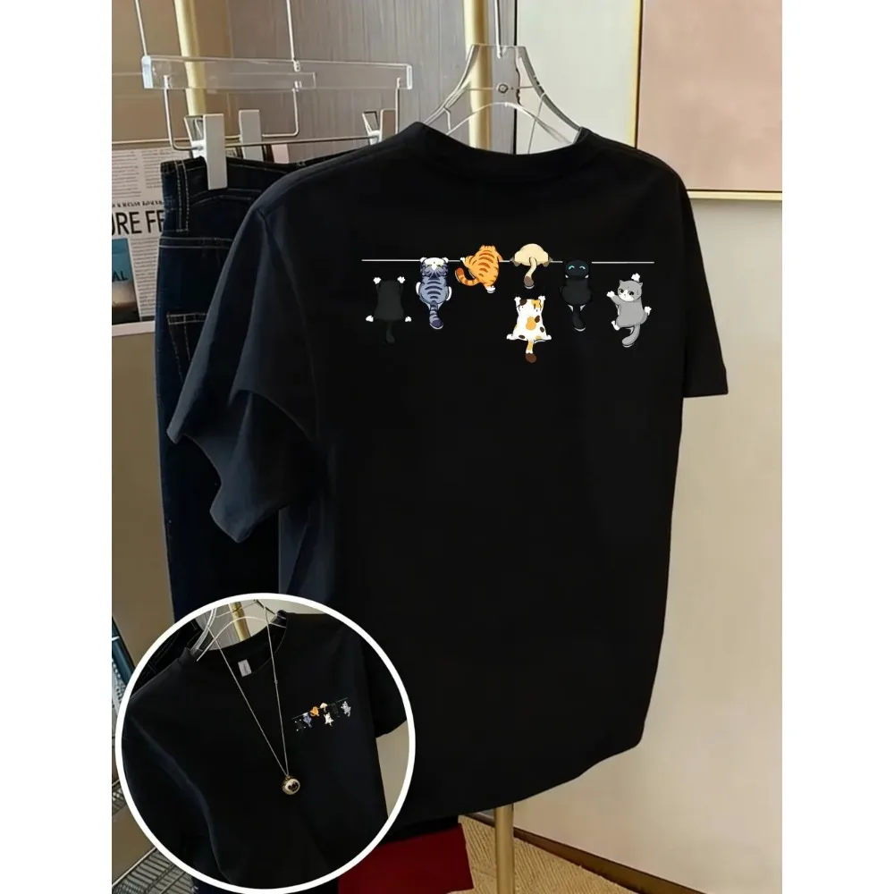 Cartoons Cats Prints T-Shirts Summer Womens Round Neck Short Sleeve Casual Street Clothes Classic Playful Design Kawaii Clothing