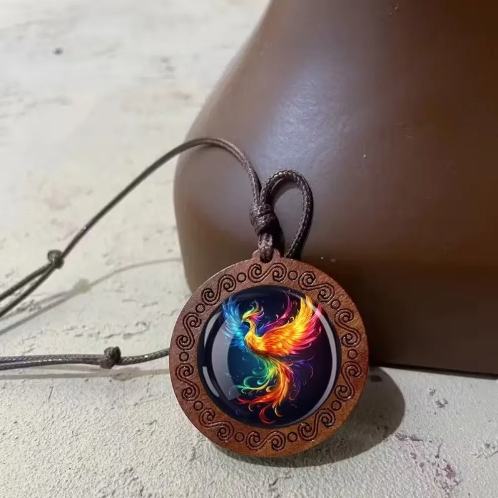 Vintage Dragon Phoenix Sweater Chain Boho Leather Chain Sweater Long Handmade Wooden Pendant Gifts