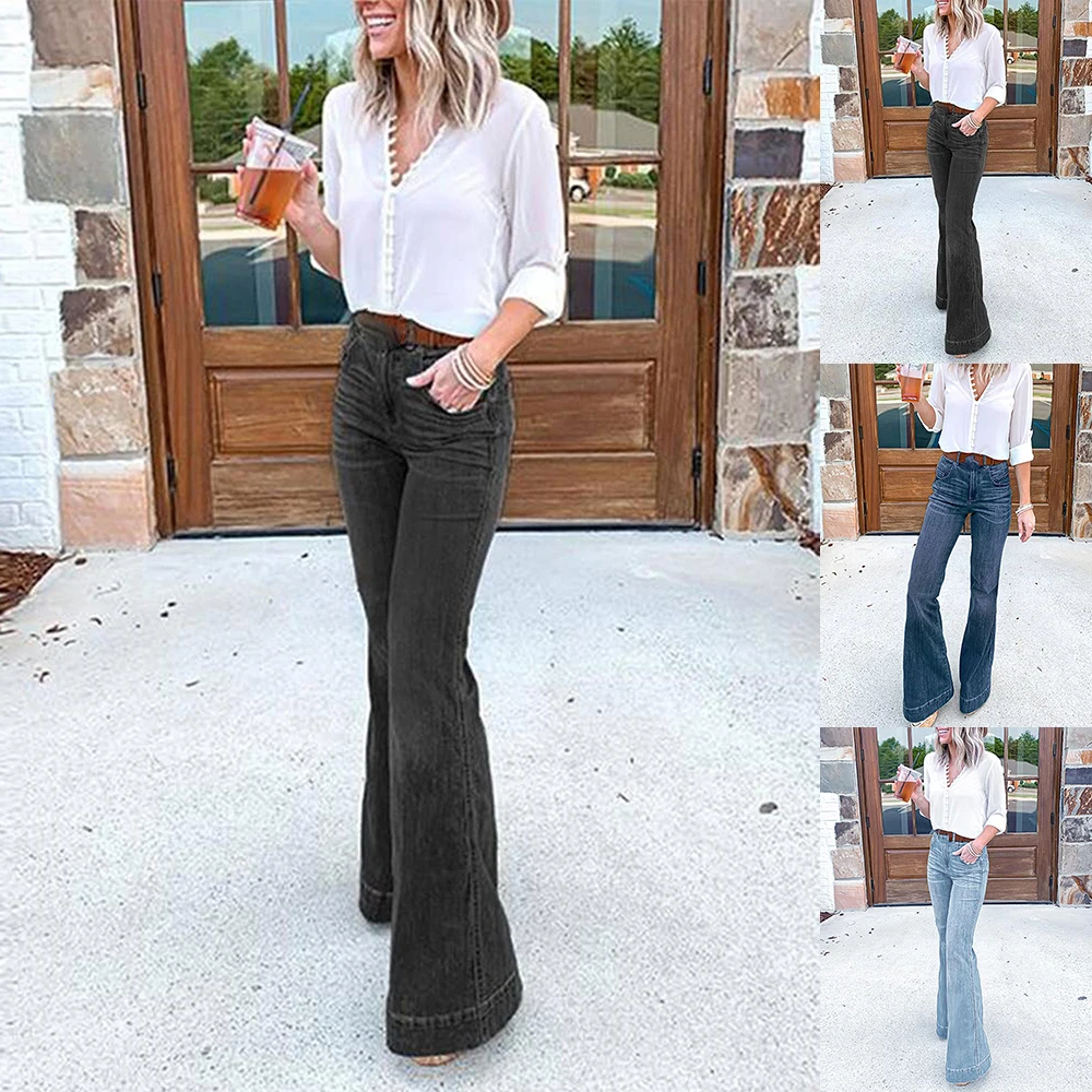 Jeans Casual a vita alta da donna pantaloni in Denim a gamba larga pantaloni svasati con fondo a campana abbigliamento da donna con leggings a fiori di moda taglie forti