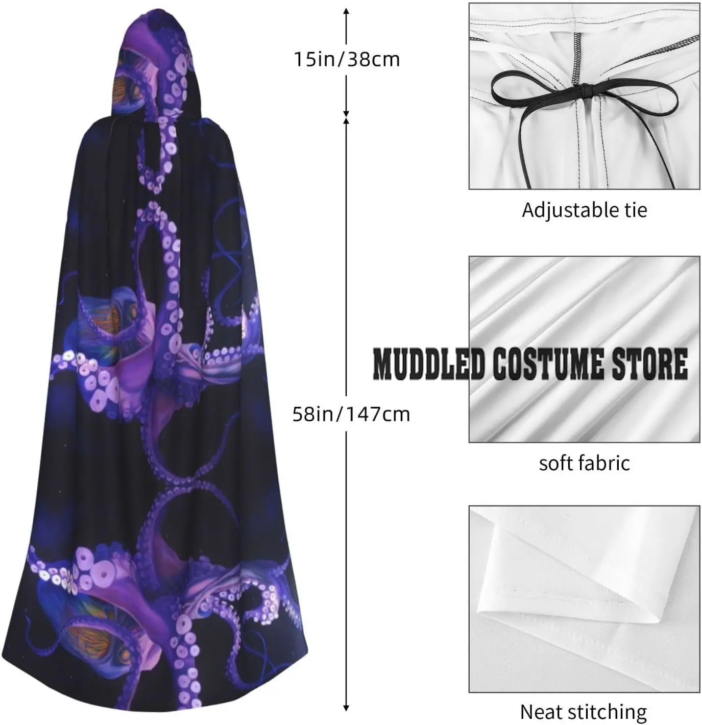 الأرجواني الأخطبوط للجنسين مقنعين الرأس هالوين عباءة تأثيري ازياء حزب الرأس مع غطاء محرك السيارة المتضخم للبالغين