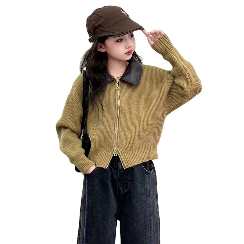 

Fall Winter Girl Knit Cardigan Outfits Female Kids Double Zipper Cardigan Sweater Leather Collar Knitwear For 5-14 Year Child