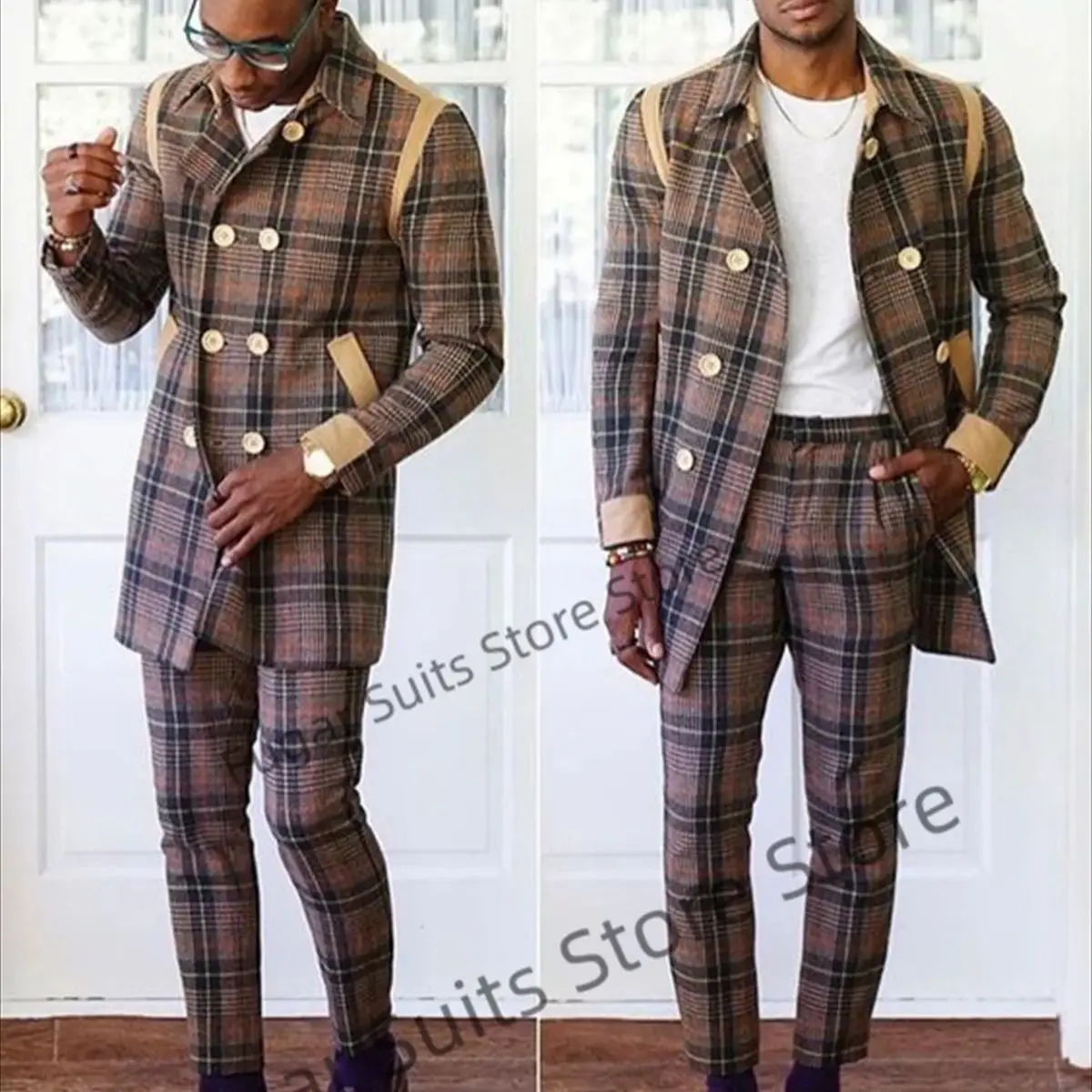 2024 New Classic Plaid Wedding Men Suits Slim Fit Double Breasted Groom Tuxedos 2 Pieces Sets Casual Male Blazer Costume Homme