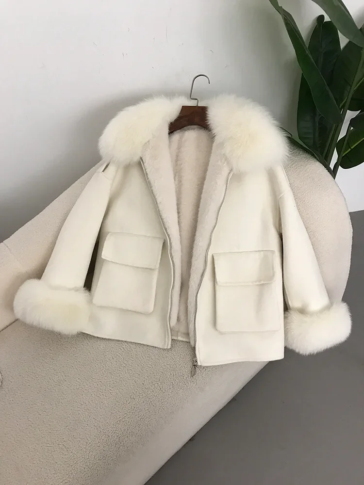 2025 Women Natural Fox Collar Cuffs Wool Cashmere Blends Pockets Outerwear Real Fur Coat With Thick Liner Winter Jacket