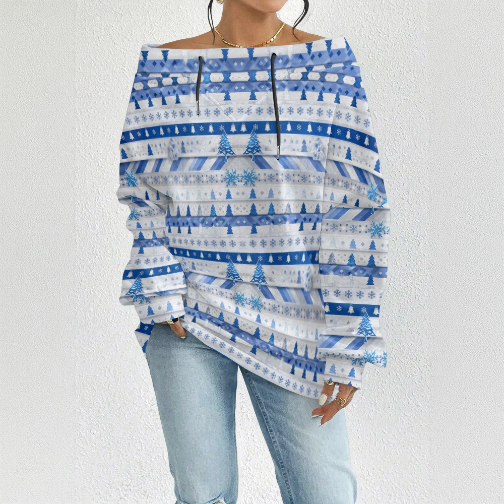 سويت شيرت نسائي بدون أكتاف لحفلات عيد الميلاد مع حاشية برباط، بلوفر كاواي منقوش للعطلات لهدايا عيد الميلاد #3