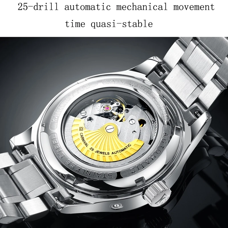 Carnival Brand New Fashion Energy Display Mechanical Watch for Men Stainless Steel Waterproof Calendar Mens Watches Reloj Hombre