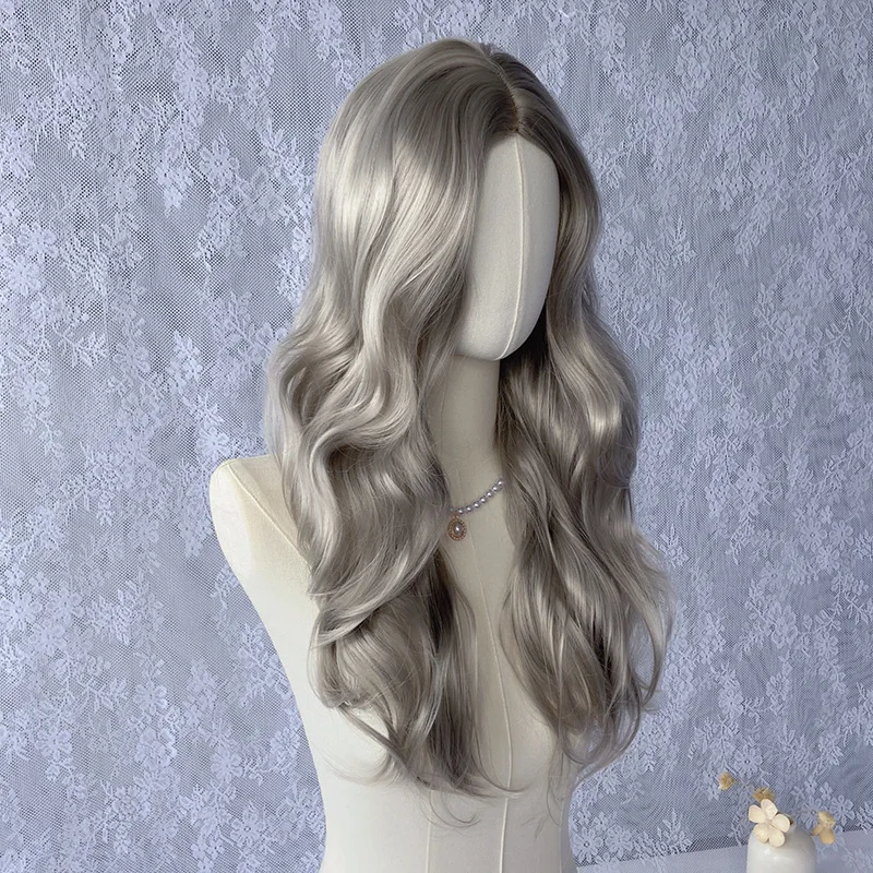 Silver gray wavy long curly hair wig with European and American style, made of fiber material, durable