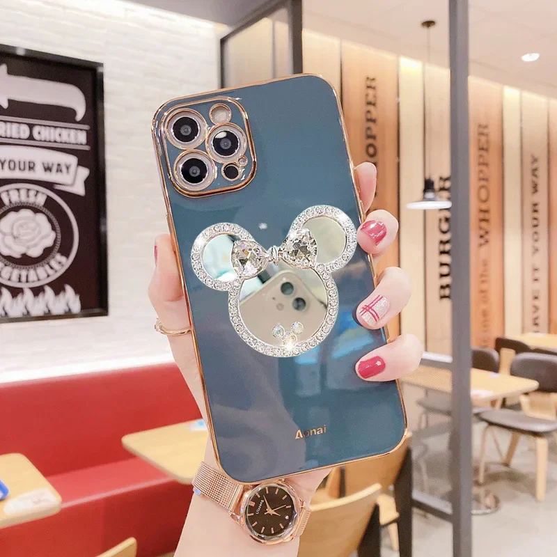 Disney Mickey Mouse Phone Case for IPhone 11 12 13 Pro Max Cartoon Doll Diamond Mirror Phone Cover for IPhone XS XR 7 8plus Cute