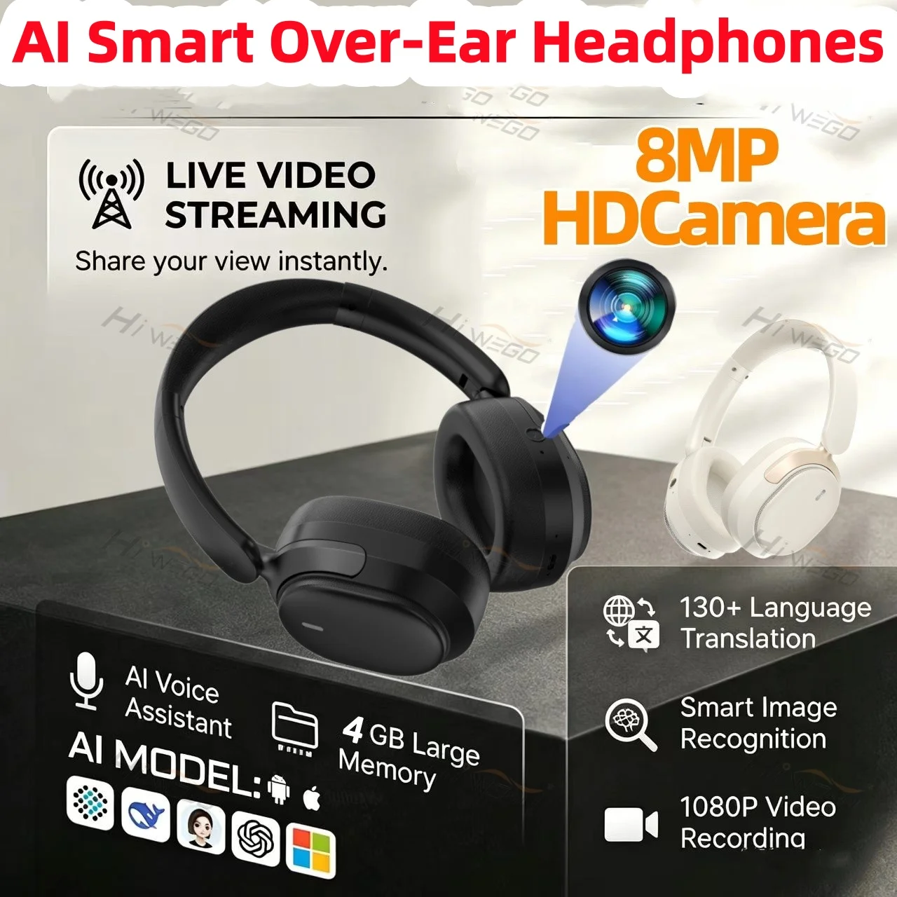 2026 New Over-Ear Headphones  Open Ear Wireless Bluetooth 5.4 Sports Earbuds with AI Translator 1080P  8MP HD Camera for Running