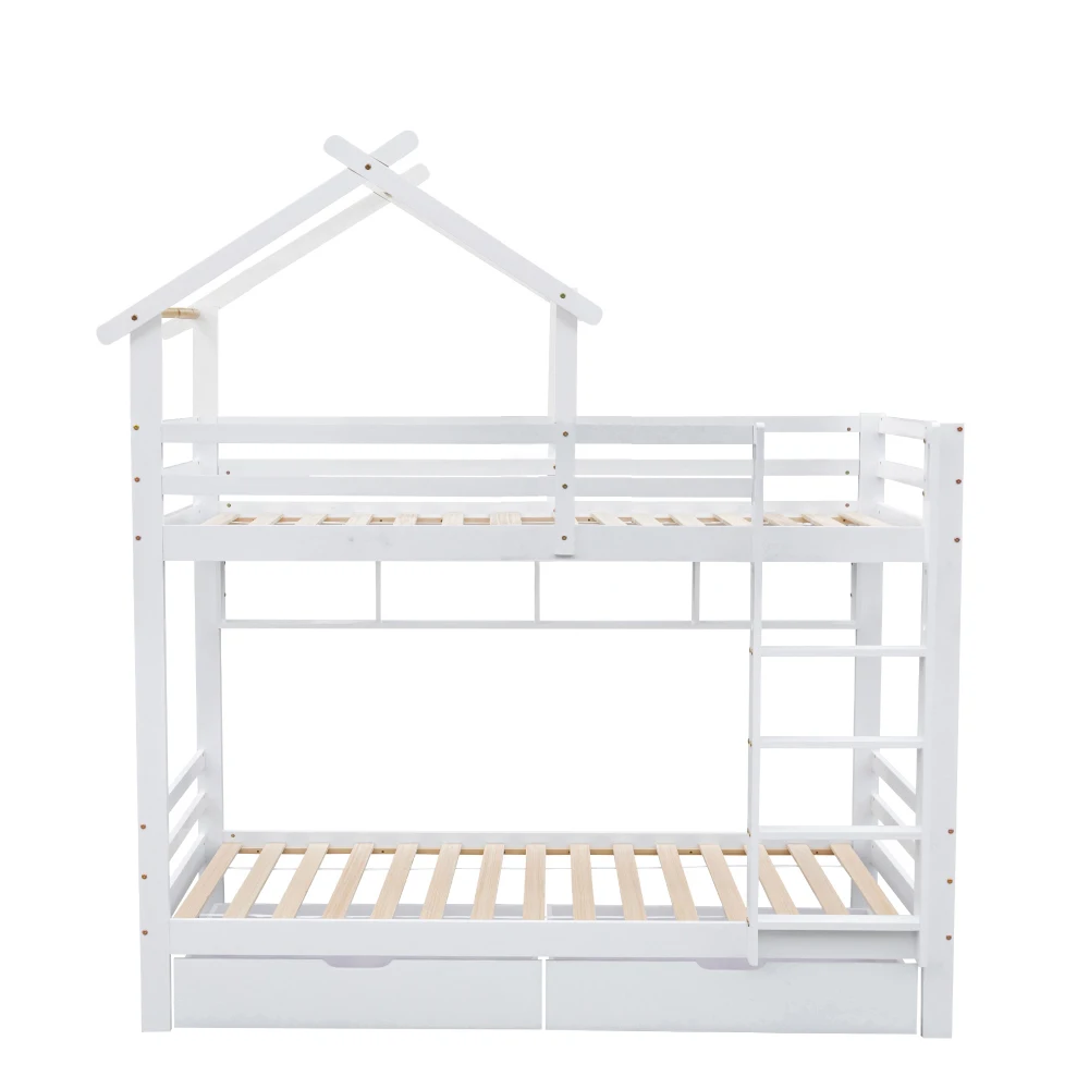 PINGGO Etagenbett mit Schubladen, Regalen, Hausbett, 3-stufige Leiter, Kiefernholzrahmen, Weiß, 90x200cm, Kinderbett mit Fallschirmgitter – Detail 9