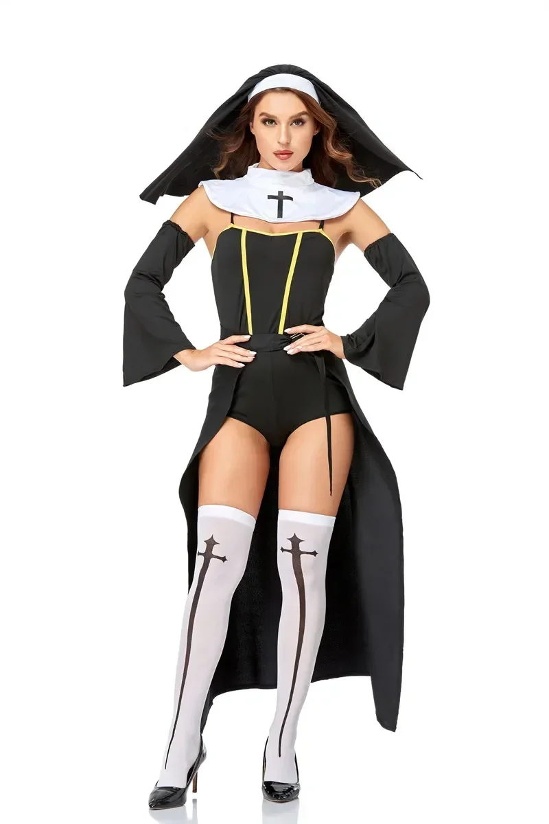 Volledige Set Sexy Slechte Gewoonte Nun Kostuum Vrouwen Exotische Rollenspel Uniform Adult Halloween Cosplay Religieuze   Dress