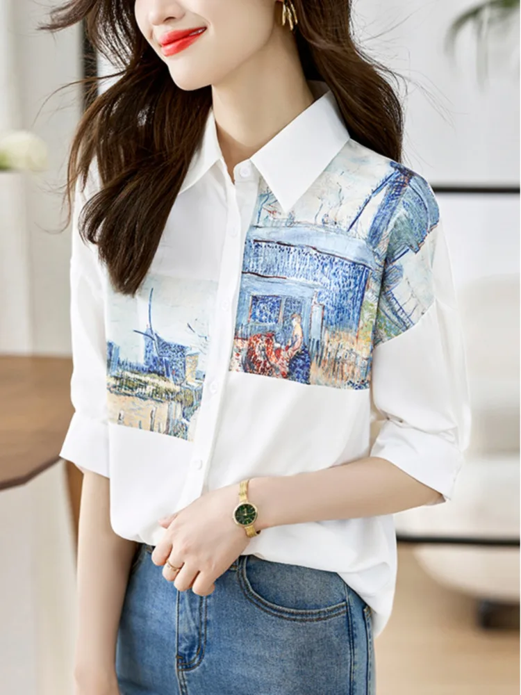 #3141 White Shirt Women Loose Printed Chiffon Shirts Blouse Femme Half Sleeve Thin Sexy Vintage Womens Tops And Blouses Summer