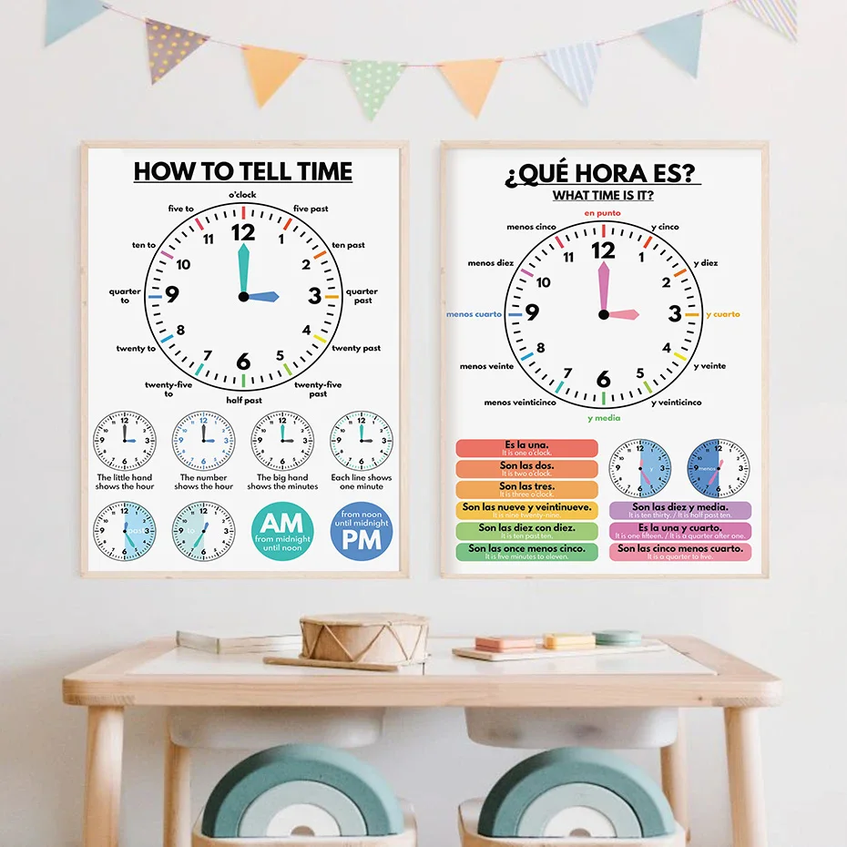 Telling The Time Rainbow Kids Clock Montessori Homeschool Educational Poster Wall Art Pictures Canvas Painting Room Home Decor