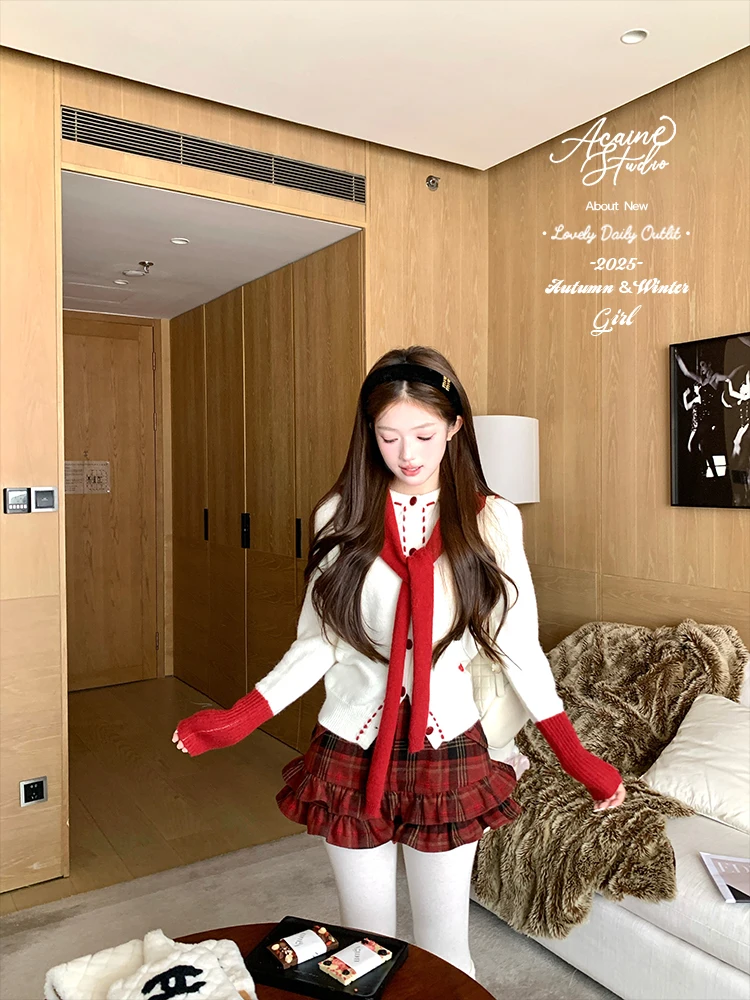 

Красная твидовая юбка в клетку с высокой талией Acaine, женская зимняя облегающая юбка в винтажном стиле с отделкой, повседневная, свободного кроя