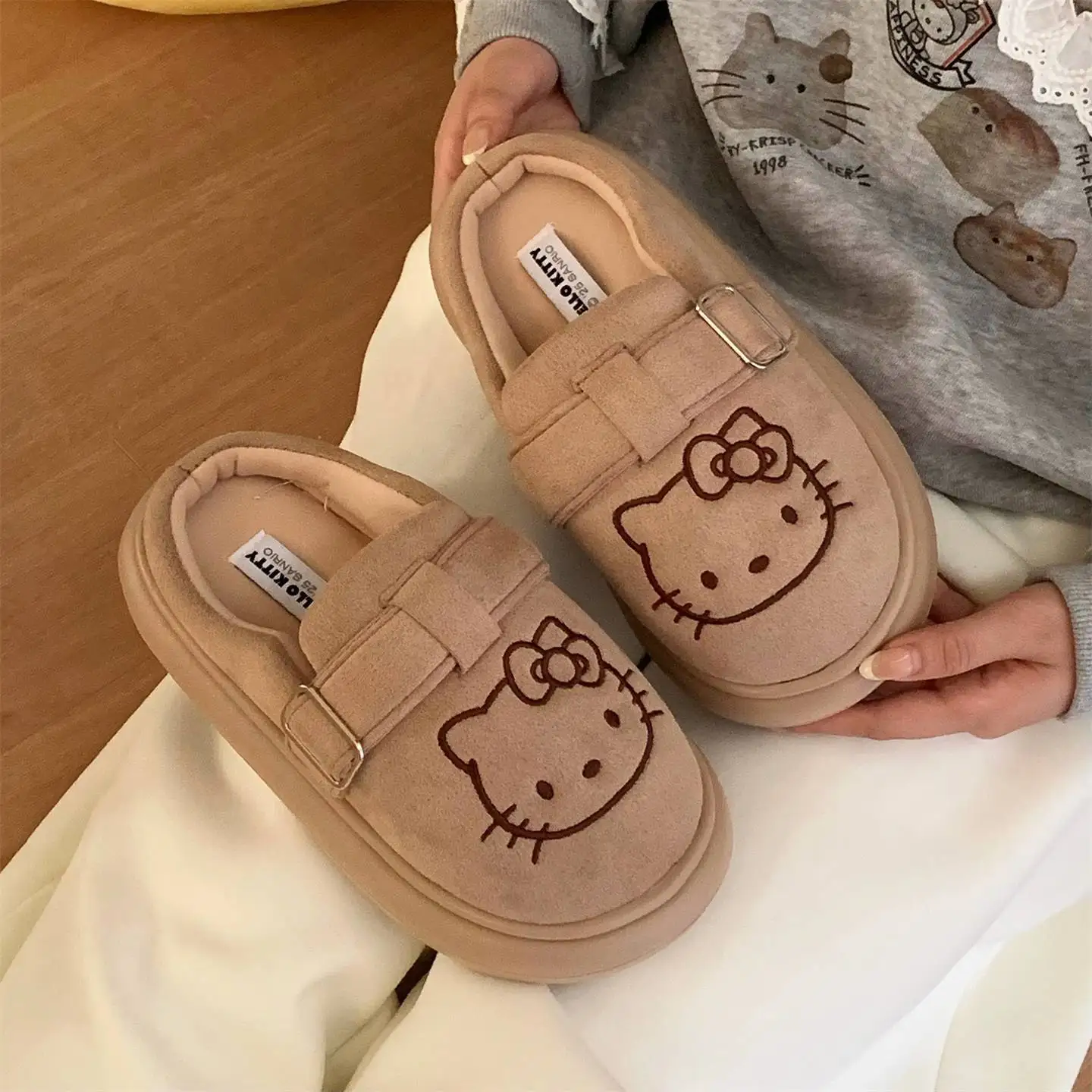 Kawaii مرحبا كيتي مريحة الصوف مبطن عدم الانزلاق فتاة Brikenstocks النعال الشتاء صوف مبطن الدافئة غامض نعال من القطن #2