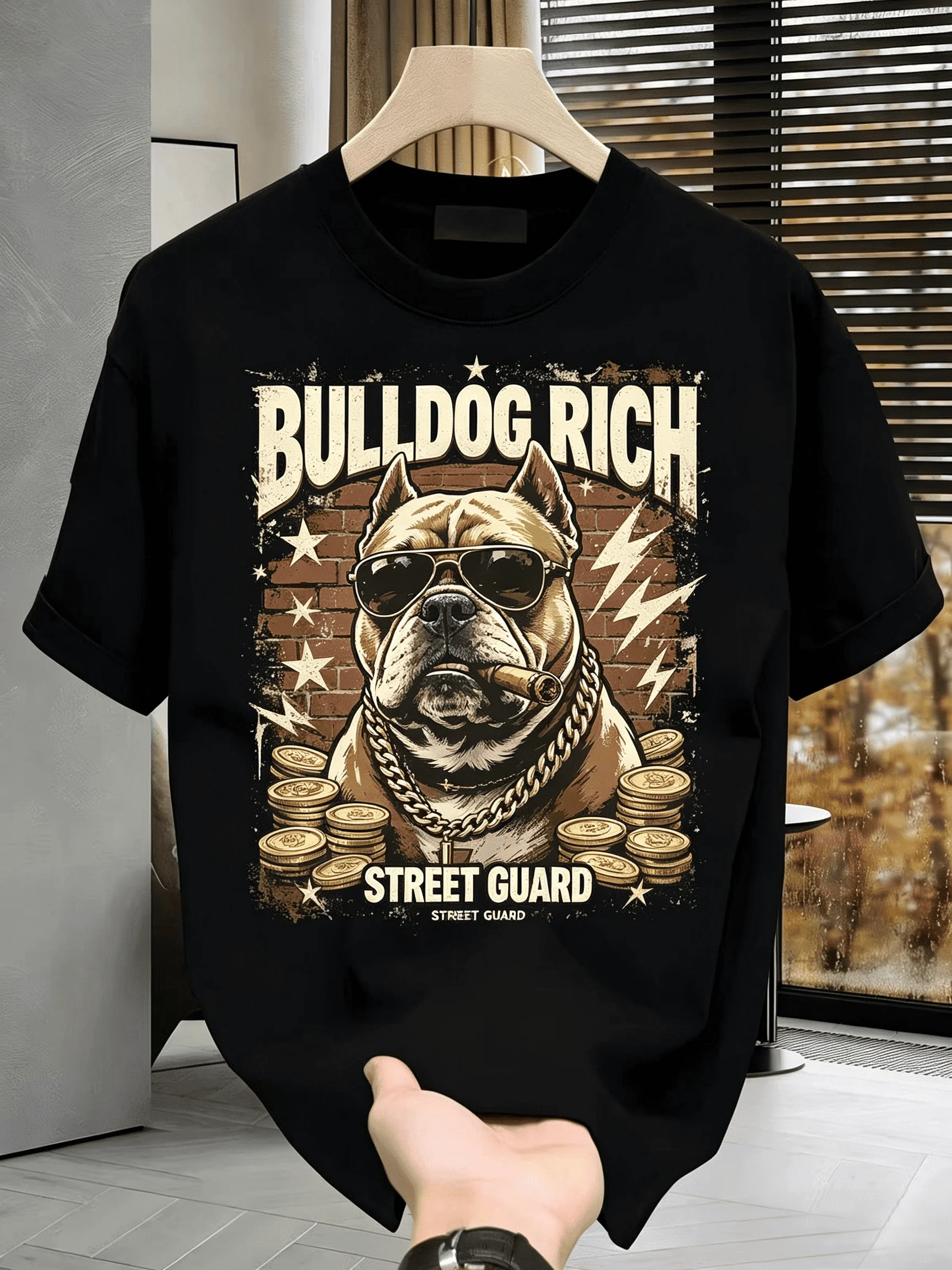 Camiseta Unisex con Gráfico de Bulldog con Gafas de Sol y Cadena Dorada, Estilo Hip Hop Retro Urbano, Manga Corta, Negra, para Hombre y Mujer