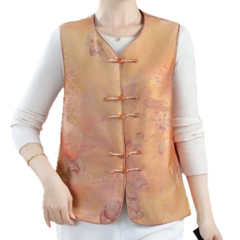 Women New Chinese Style Qipao Tops Satin Sleeveless Elegant Tang Clothes Round Collar Cardigan Clothes Vintage Button Blouse