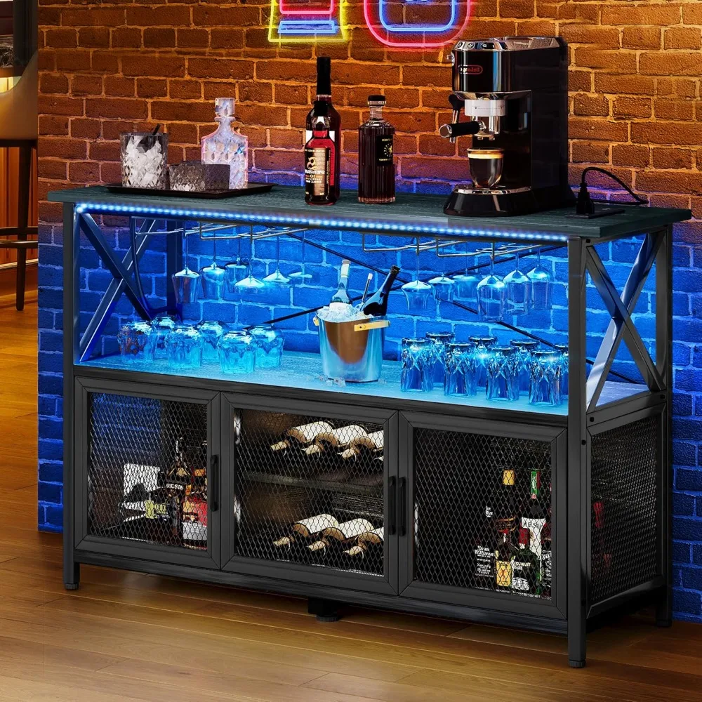 

55" Bar Cabinet with LED Lights, Wine Cabinet with Power Outlet, Bar Table Stand with Wine Rack, Storage Cabinets, Adju