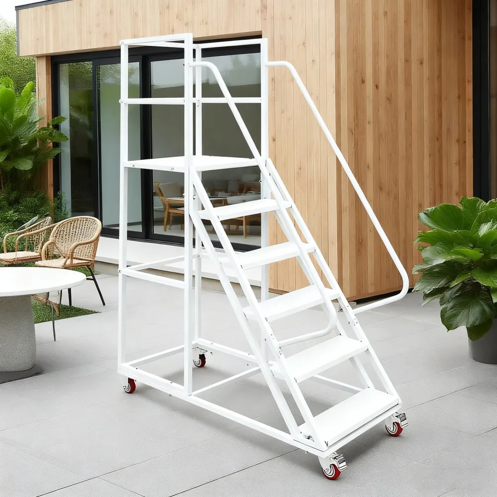 

Metal Rolling Ladder Mobile Rolling Stairs with Wheels Industrial Safety NonSlip