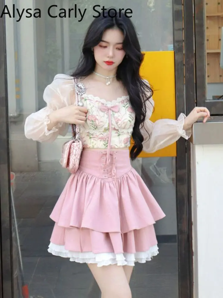 2022 Autumn Sweet Two Piece Set Women Lace Floral Blouse Casual Ruffle Chic Skirt Set Designer Bow Slim Female Cute Party Sets