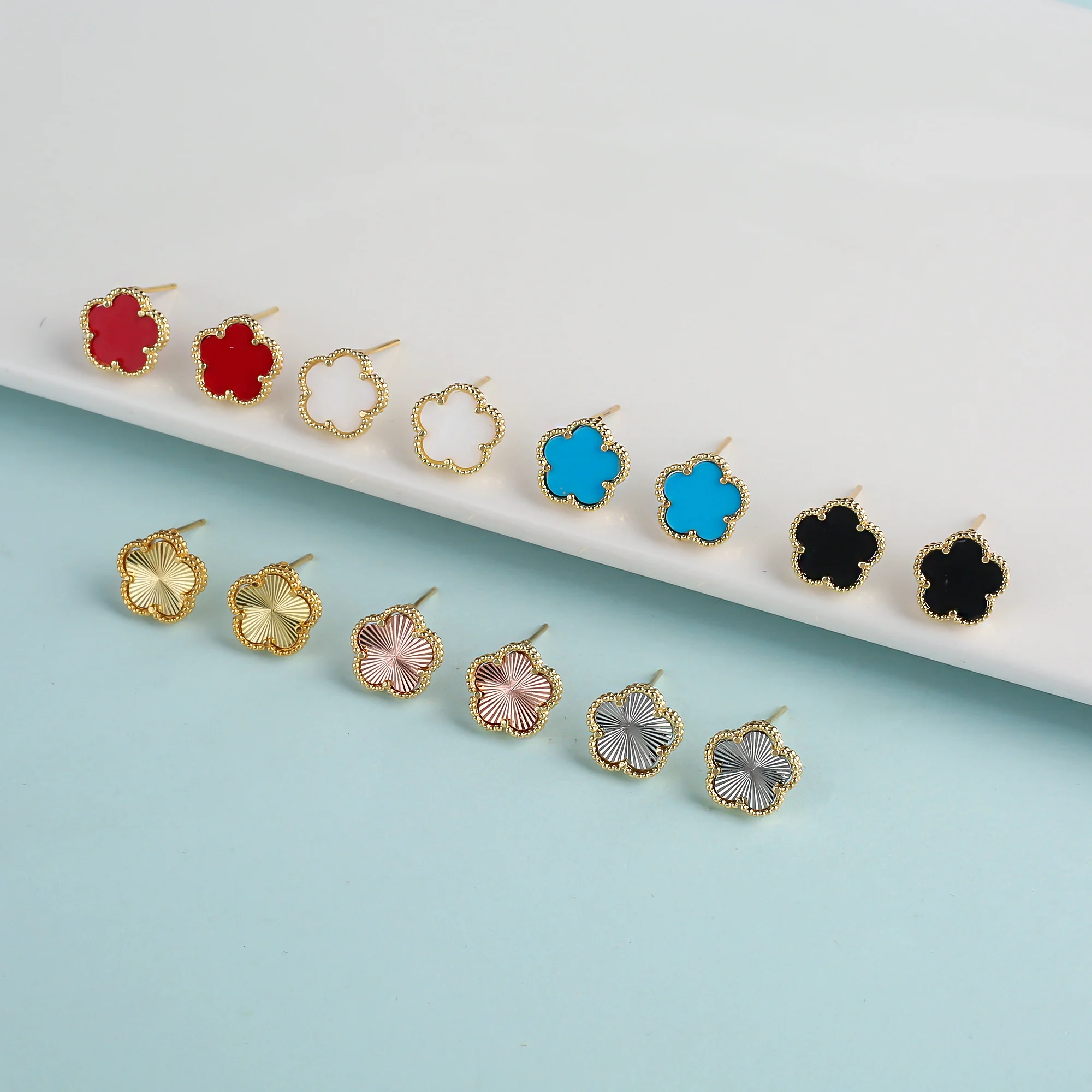 2PC Shell New Design Stone Plant Five Leaf Flower Plum Blossom Pendant Necklace Earring Set Women\'s Gold Plated Cute Clover