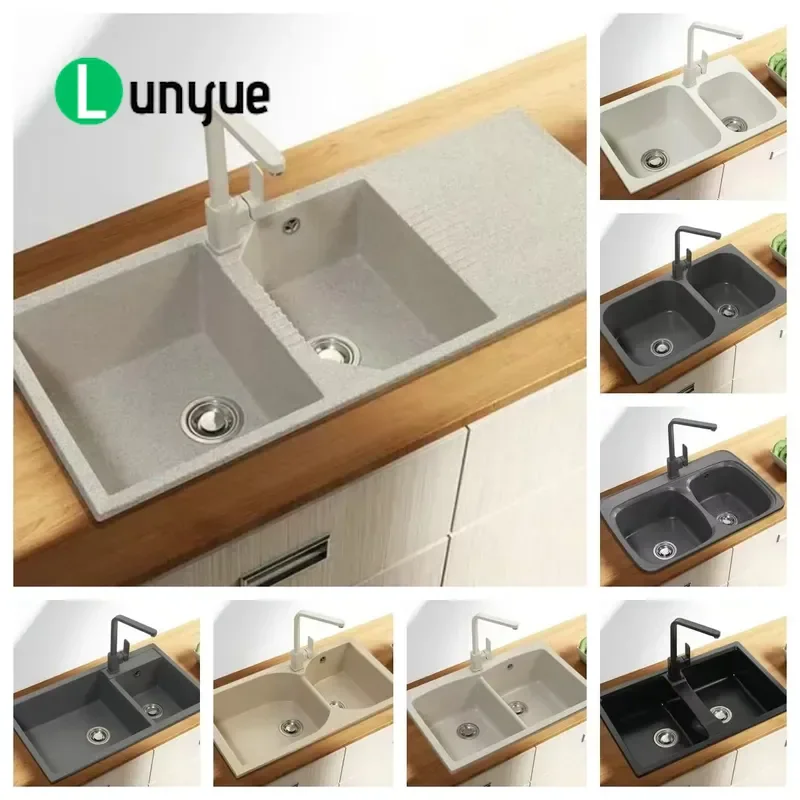 CE Certified Double Bowl Black Quartz Composite Granite Kitchen Sink with Drain Board Durable Modern Home Appliance