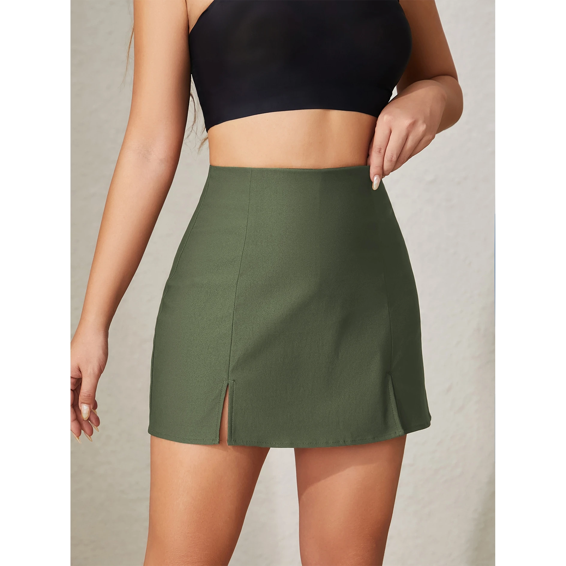 

High Waist Slit Casual Skirt Pants Fashionable Zipper Thin Style Women's Premium Quality Polyester Blend Skirts