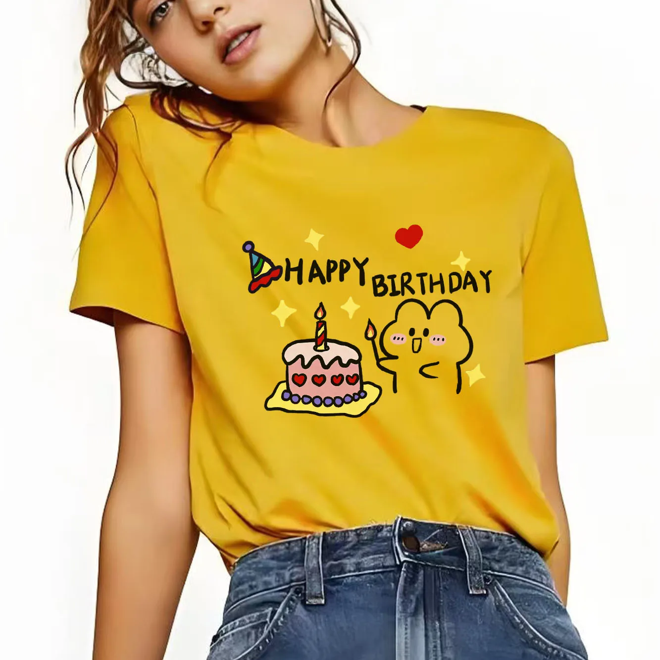 ハッピーバースデープリントTシャツ カジュアル半袖 四季に適したファッション 多用途なホリデー レディースTシャツ